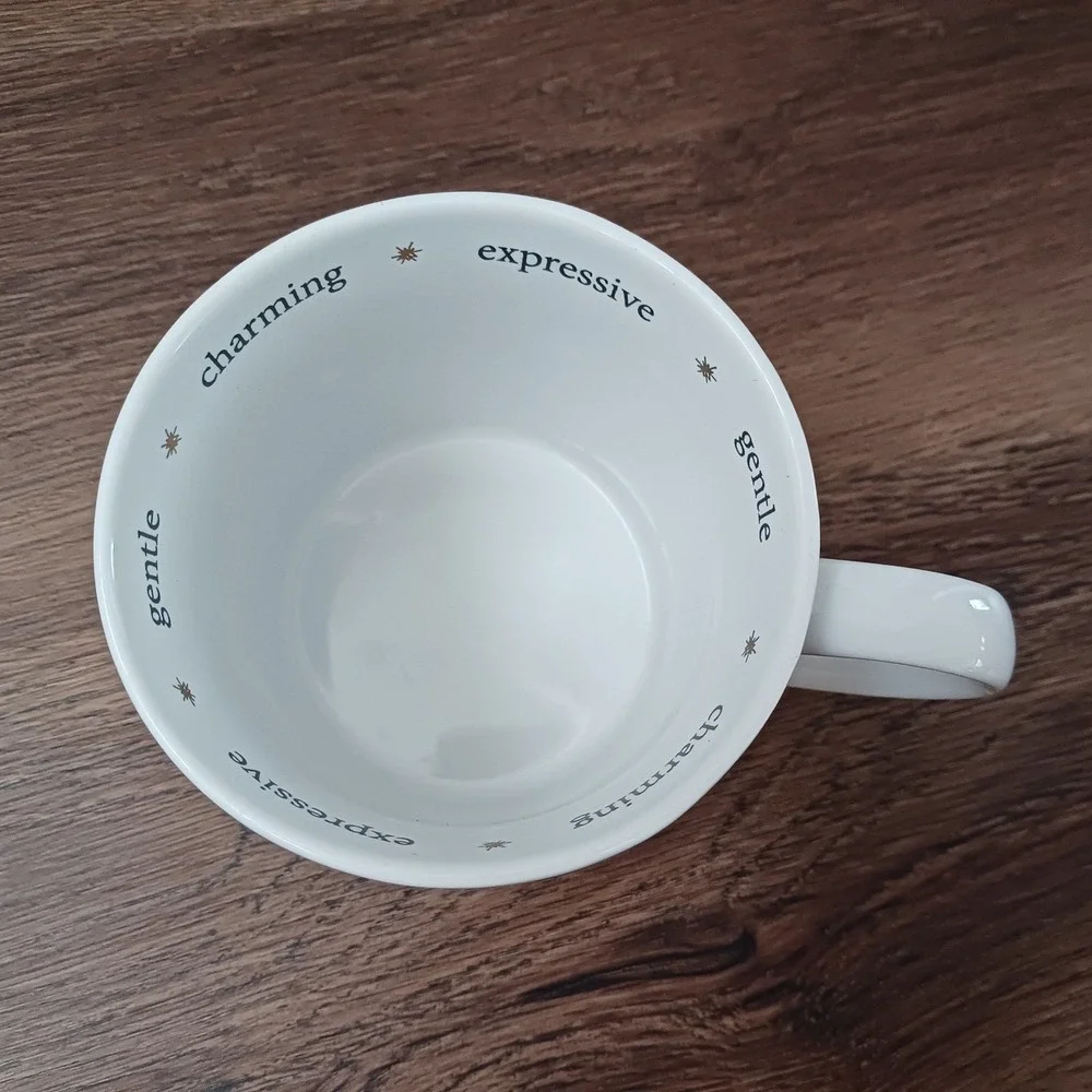 Williams Sonoma Libra Zodiac Coffee Mug White Gold Astrology Scales Owl Cup